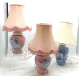 Pair of oriental decorated pink ground lamps with shades, 38 cm high, and another similar in blue,