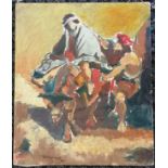Oil painting on mounted canvas of 2 figures with a bull (beast of burden) signed Marie Katz? - 54.