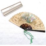 Antique tortoiseshell, hand painted on silk fan decorated with classic garden scene, does have