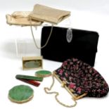 Stratton 4 piece green detail compact set T/W 4 x vintage evening bags inc gold lamé (black bag a/f)