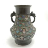 Chinese bronze champlevé enamel 2 handled vase - 29.5cm high with no obvious damage