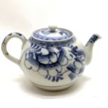 Antique blue and white decorated teapot 12cm high - has a small nick to the spout and the rim to the