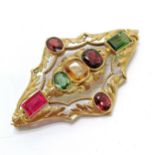 Antique unmarked higher carat gold brooch set with various gemstones inc peridot, garnet etc - 5.8cm