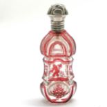 Antique glass scent bottle with red oriental detail of a man carrying a cooking pot & a