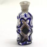 Antique blue overlaid glass scent bottle with unmarked silver lid - 9.5cm ~ dents to lid, lacks