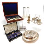 Qty of silver plated wares inc entree dish, cased cutlery (1 in mahogany box), egg cruet etc