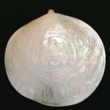 Antique mother of pearl baptismal shell dish hand carved with last supper & 12 apostles - 13cm