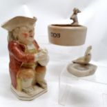 Large Toby jug (25cm), corner dog water bowl (a/f) & alabaster macaw pin dish