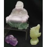 Rainbow Fluorite crystal Buddha 12 cm high, amethyst hare, and carved jade Cockerel. all good