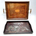 Antique oak 2 handle tray with shell inlay to centre (52cm across) t/w Oriental lacquer tray with