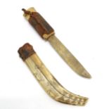 Antique Inuit animal bone skinning knife with bone blade in original 2 part bone sheath with