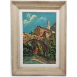 Framed oil on panel painting of a bridge & church by Louis Jacques Vigon (1897-1985) - frame 53cm
