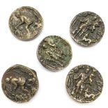 5 x unusual metal buttons depicting hunting with guns & dog - 26mm diameter and in used condition