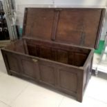 Antique oak 4 panel coffer, split to top, and part panel missing from base, 144 cm wide, 57 cm deep,