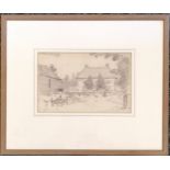 Framed 1922 pencil drawing of a farmyard by George Charles Haite (1855-1924) - frame 26.5cm x 32cm