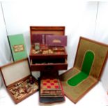 Antique mahogany games compendium box (44cm x 25cm x 19cm) containing dominoes, markers, counters