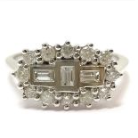 18ct hallmarked white gold diamond (12 brilliant & 3 baguette) cluster ring (0.5cts total