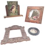 Art Deco oak picture frame, 31 cm wide, 25 cm high, wall mirror with hand painted mirror panel