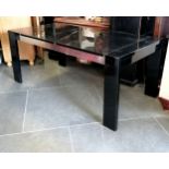 Contemporary black glass topped table, 180 cm wide, 90 cm deep,76 cm deep, Good used condition.
