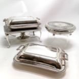 2 x Mappin & Webb lidded vegetable dishes, Regent Plate warming stand with burner 28cm x 19cm x 12cm