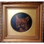 Framed original oil on board painting of a fox with SW monogram dated 1873 - gilt frame 49cm x 51cm