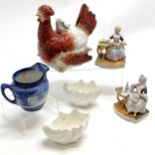 Antique Staffordshire hen on nest lidded egg dish (16cm high), pair of continental figures, Coalport