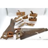 Qty of vintage tools inc 4 x saws (longest 78cm), 4 wood planes, spokeshave, 2 x J Rabone spirit