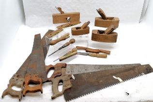Qty of vintage tools inc 4 x saws (longest 78cm), 4 wood planes, spokeshave, 2 x J Rabone spirit
