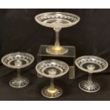 Antique cut and etched glass tazza, repair to base, 20.5 cm high, 25 cm diameter, t/w set of 3