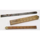 Isaac Aston boxwood yard rule, O Fisher & Co No 1532 24" metal ruler & boxwood FWW No 48 yard rule