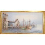 Large framed & signed oil painting on canvas of fishing boats at a quay - 72.5cm x 133cm