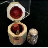 Antique mother of pearl decorated thimble box (with Henry Griffith & Sons Ltd silver thimble) - 3.