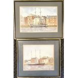 2 x framed (1 without glass) watercolour paintings of Weymouth harbour by G A Wickham ~ largest