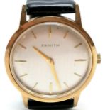 Zenith 9ct gold cased gents manual wind wristwatch on original leather strap with buckle - 34mm case