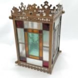 Antique hall lantern with lead light glass panels - 35cm high x 21cm square ~ 1 panel a/f