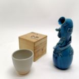 Japanese blue stoneware flask with raised dragon & cloud detail (20cm and has restoration to top)