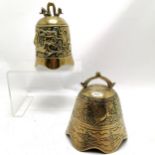 2 x Oriental Chinese temple bells - tallest 20cm has dragon chasing flaming pearl detail and in