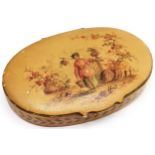 Antique continental French oval table box with hand painted detail to lid - 9cm across