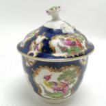18th century Worcester blue grounded sucrier with fancy bird & bug panels - 12.5cm high & 10.5cm