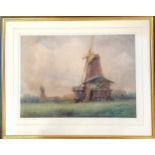 Framed watercolour painting of 2 Norfolk windmills by Katherine S Sandford (exhib c.1909) - frame