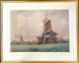 Framed watercolour painting of 2 Norfolk windmills by Katherine S Sandford (exhib c.1909) - frame
