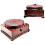 Pair of Regency rosewood dressing / sewing boxes with drawer & pin cushion tops - 16cm square x