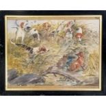 Framed watercolour painting of foxhounds cornering a fox signed with a monogram - frame 34cm x 42.