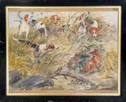 Framed watercolour painting of foxhounds cornering a fox signed with a monogram - frame 34cm x 42.