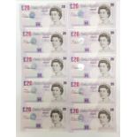 c.1999 England lot of 11 x Elgar £20 notes inc CH consecutive run of 10 notes + CB