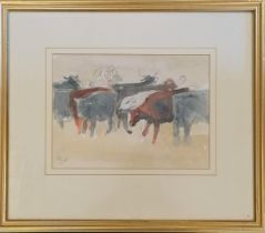 Framed signed pencil / watercolour painting of a cattle market / county show - frame 39cm x 45cm