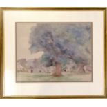 Framed signed watercolour painting of a Yorkshire village - frame 55cm x 63cm