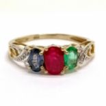 14ct marked gold emerald / ruby / sapphire ring with diamond set shoulders - size L & 1.8g total