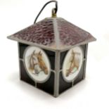 Vintage lead stained glass light porch lantern with milk glass roundels decorated with horse heads -