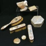 Collection of vintage mother of pearl items inc Marhill powder compact, Paris plages purse,